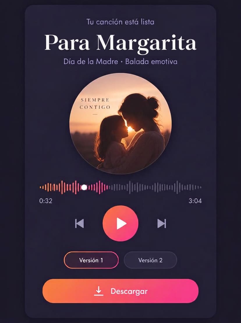 Pantalla de la app con el reproductor de una canción personalizada para Marta